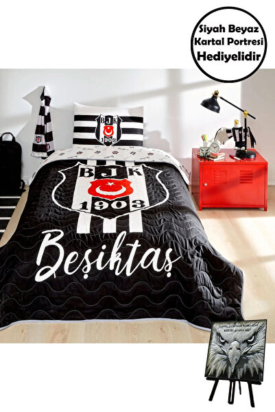 Taç Ліцензований комплект односпального покривала Beşiktaş Stripe з міні-3D п...