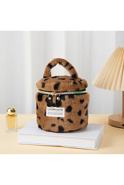 CARAVSTORE Stylish Makeup Bag with Plush Leopard Pattern