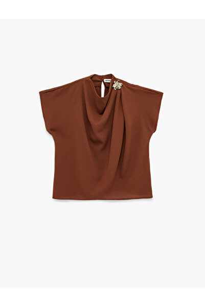 Koton Round Draped Neck Sleeveless Blouse with Floral Accessories