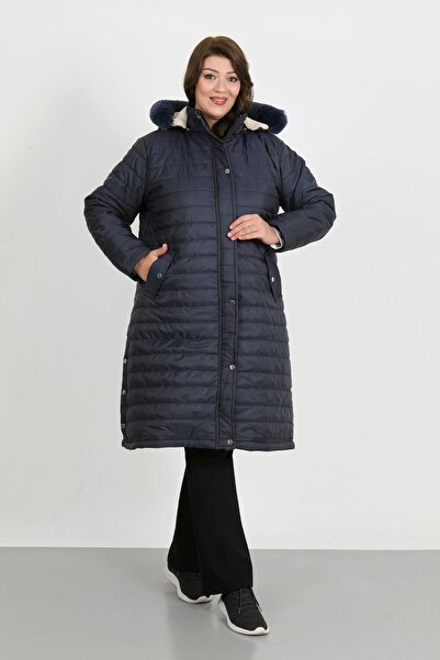 By Alba Collection Women's Navy Blue Long Puffer Coat in Plus Size