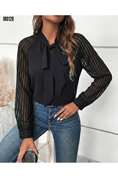 Modayakamoz Kadın Uzun Kollu Reglan Kol Tüllü Yakadan Bağlamalı Sandy Bluz