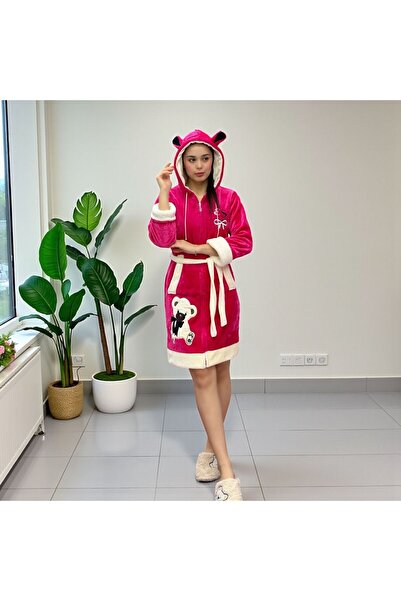 Şahteks Women's Zippered Hooded Teddy Bear Embroidered Ultrasoft Bathrobe