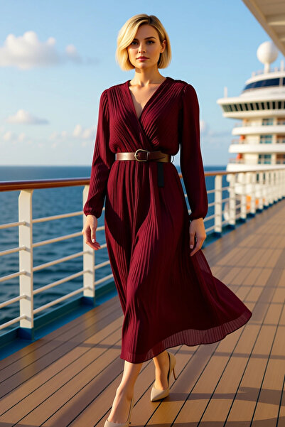 BENERLY Women's Double-Breasted Collar Long Sleeve Standard Sleeve Pleated A-...