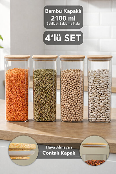 Meleni Home حاوية تخزين مربعة الشكل من أورا بغطاء من الخيزران - 2100 مل مع غطاء محكم الإغلاق للحبوب والبقوليات