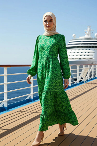 BENERLY Women's Crew Neck Standard Sleeve Wide Fit Ethnic Pattern Woven Dress...