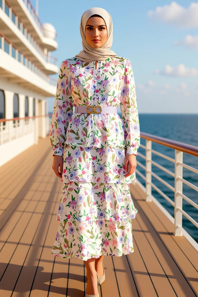 BENERLY Women Shirt Collar Balloon Sleeve Maxi Dress Floral Woven Pattern Fun...