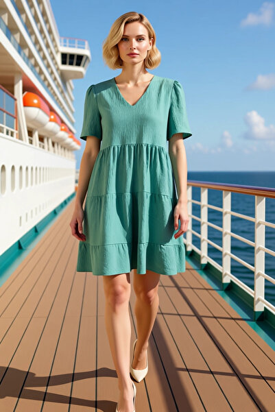 BENERLY Women's V-Neck Short Sleeve Straight Cut Mini Woven Dress Functional ...