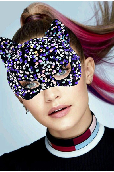 shopwave قناع حفلات مطرز بالترتر باللون الأرجواني والأبيض على قماش مخملي أسود...