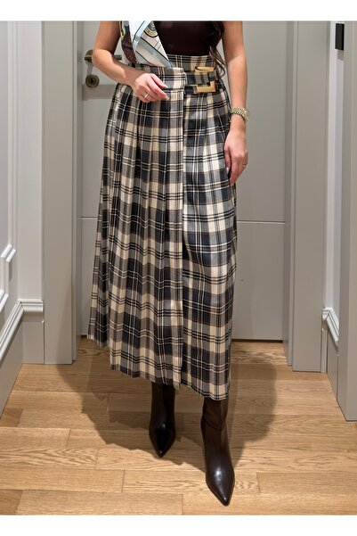 MAGARDE Fusta plisată în carouri cu detaliu curea - FUME