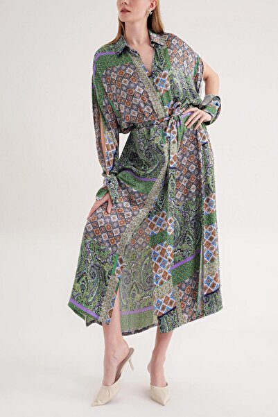 SOCIETA Yeşil Lila Bol kesim gömlek elbise 94058