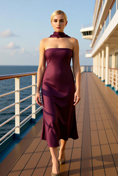 BENERLY Women Strapless Sleeveless Plain Satin Shift Fit Maxi Dress Functiona...