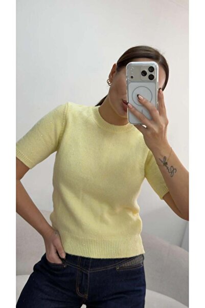 Ecenin Favorileri Yellow Sequin Short Sleeve Sweater
