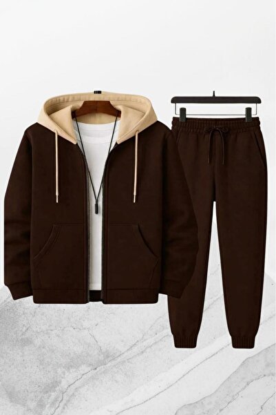 CAST COLLECTİON Unisex Brown Jacket Hoodie Beige Jacket Tracksuit Set