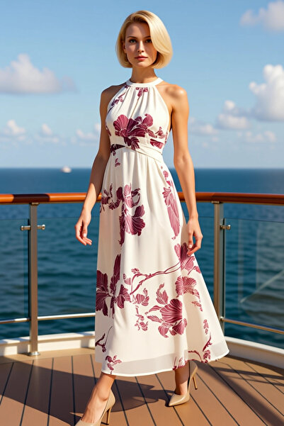 BENERLY Women's Halter Neck Sleeveless Chiffon Woven Skater Fit Maxi Dress Fu...