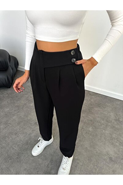 Nagihan Butik Siyah Çift Düğmeli Yüksek Bel Havuç Kesim Kadın Kumaş Pantolon