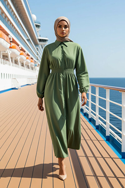 BENERLY Women's Collar Balloon Sleeve Maxi Dress Plain Pattern Skater Fit Wov...