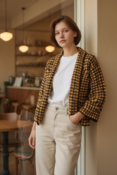 pulur.co Hand Knitted 3/4 Sleeve Hexagon 100% Wool Cardigan