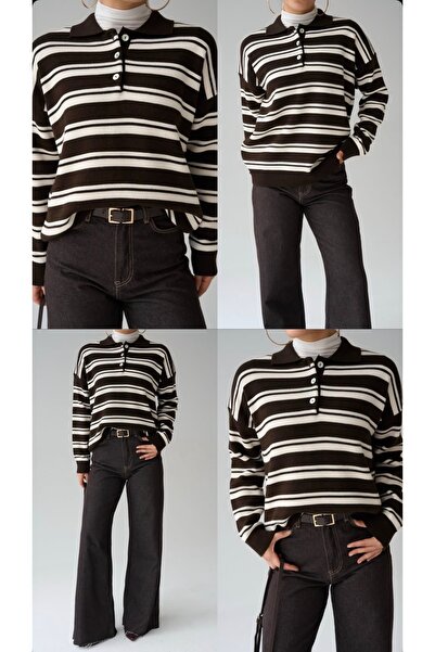 Butik kahverengi polo yaka Çizgili kazak