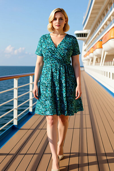 BENERLY Women's Plus Size V-Neck Short Sleeve Floral Pattern Knitted Dress Fu...