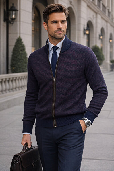 New Oxford Mock Neck Micro Patterned Wool Blend Long Sleeve Zippered Men's Cardigan