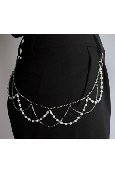 Shiklik Pantaloni cu detalii perlate și lanț pentru talie - Accesoriu arginti...