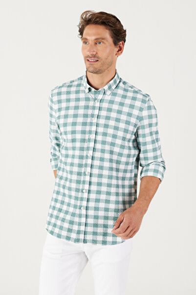 AC&Co / Altınyıldız Classics White-Green Slim Fit Slim Fit Buttoned Collar Checkered Shirt