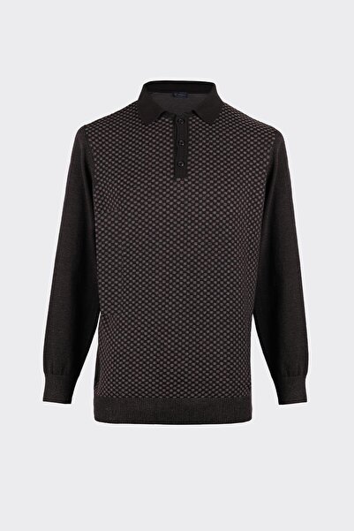 White Stone Polo Yaka Yarım Düğmeli Premium Triko Kazak Siyah-Antrasit