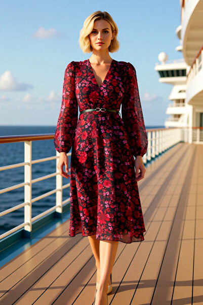 BENERLY Women's Double-Breasted Collar Balloon Sleeve Midi Woven Dress Abstra...