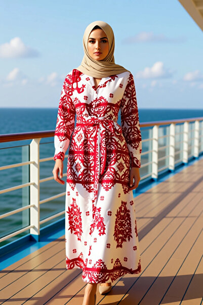 BENERLY Women Shirt Collar Low Sleeve Satin Tile Pattern Maxi Dress Functiona...