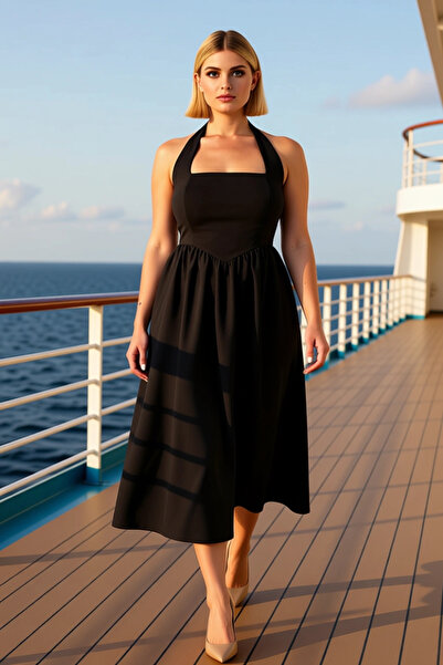 BENERLY Kadın Büyük Beden Kalp Yaka Kolsuz Skater Midi Elbise Finike Dokuma