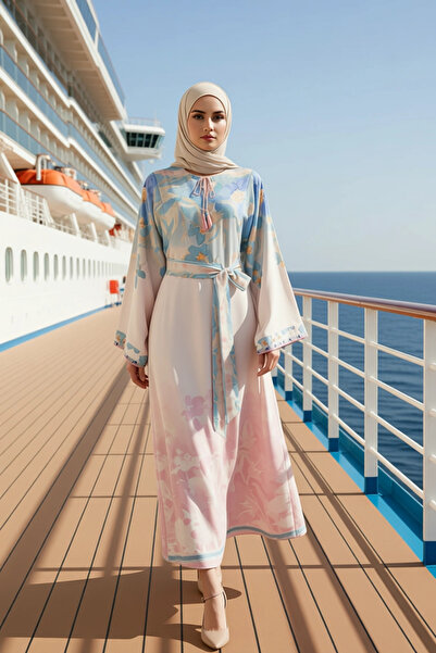 BENERLY فستان نسائي بياقة دائرية وأكمام إسبانية مع حزام منسوج، متين وعملي ذو ...