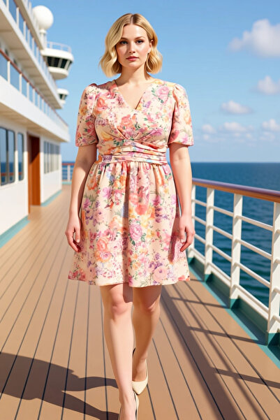 BENERLY Women's Plus Size V-Neck Balloon Sleeve Woven Floral Mini Dress Funct...