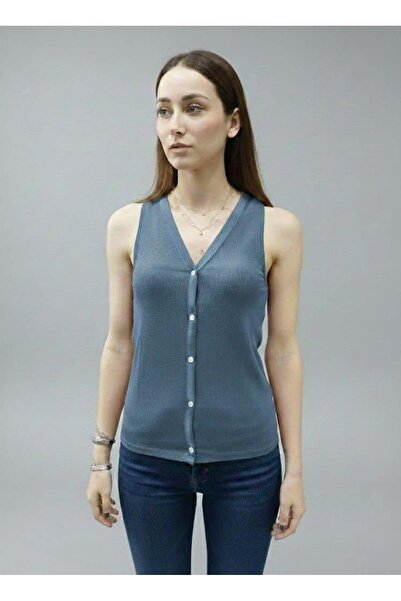 Afri Women's Blue V-Neck Buttoned Corded Fabric Ribbed Knit Tank Top - Sleeveless Slim Knitted Blouse