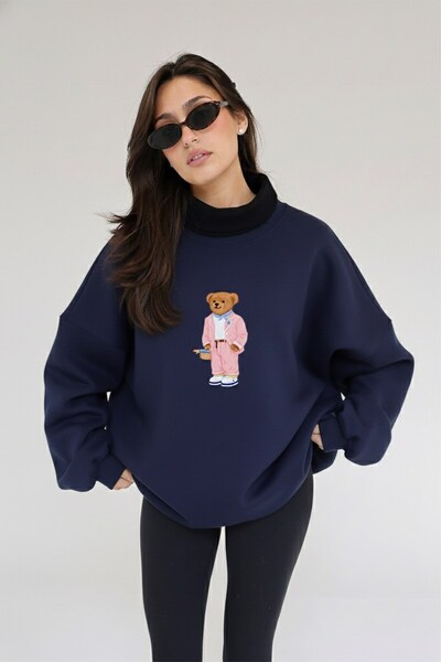 The Champ Clothing Women's Oversized Sweatshirt Pink Suit Bear 3D Printed Nav...