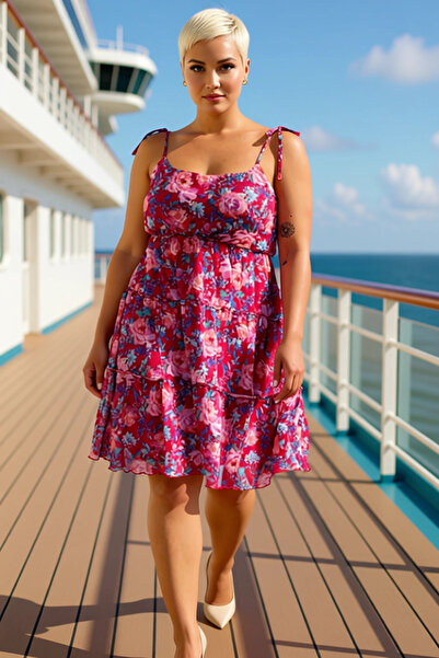 BENERLY Women's Plus Size Pool Neckline Thin Straps Ruffled Mini Dress Functi...