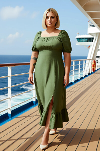 BENERLY Women Square Neck Balloon Sleeve Woven Maxi Dress Plus Size Functiona...