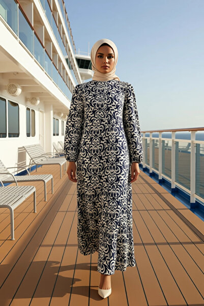 BENERLY Women's Crew Neck Standard Sleeve Wide Fit Ethnic Pattern Woven Dress...