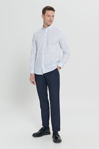 ALTINYILDIZ CLASSICS White-Navy Blue Slim Fit Slim Fit Classic Collar Cotton Dobby Shirt