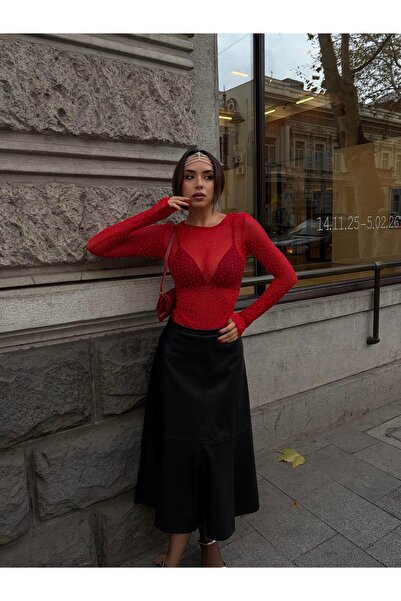 minaaise Women's Red Tulle and Stone Blouse 30123