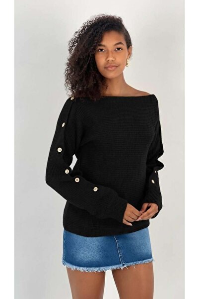 Miss Poem Women's Black Boat Neck Sleeve Accessory Buttoned Knitwear Sweater