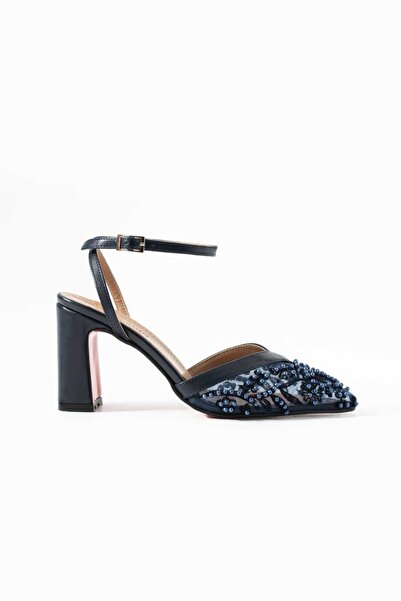 Roshin Shoes Stiletto New Season Mesh Beaded Knitted Navy Blue Leather Heel H...