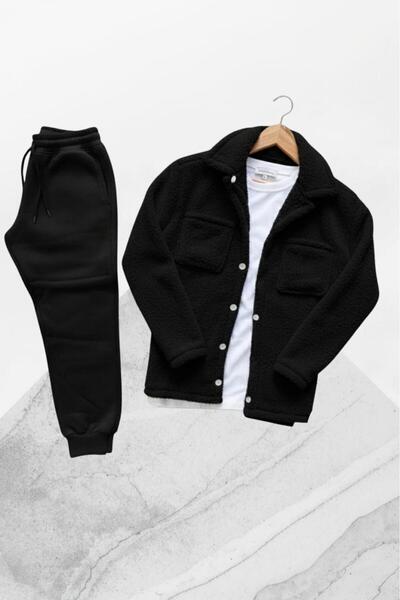 NO 601 Unisex Black Buttoned Plush Jacket Black Sweatpants Set 2 Piece Set