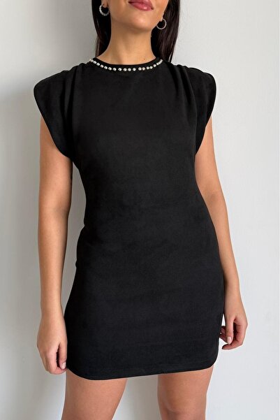 Güneş Collar Studded Embroidered Suede Mini Dress