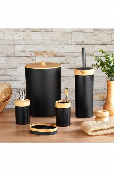 Evalins Mila Bamboo Patterned 5-Piece Bathroom Set: Trash Can, Brush, Liquid ...