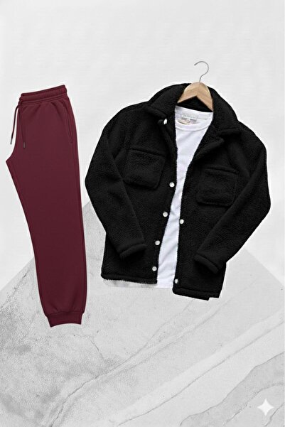 CAST COLLECTİON Unisex Μαύρο βελούδινο μπουφάν με κουμπιά και μπορντό φούτερ,...