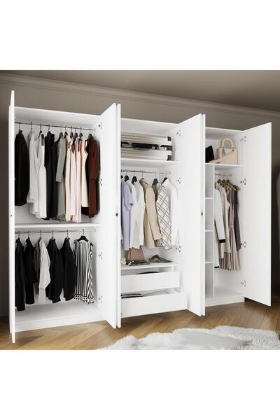 Bimossa KE4040 GOSS 270 cm Modern Beyaz 6 Kapaklı Gardırop, 2 Çekmeceli, 4 As...