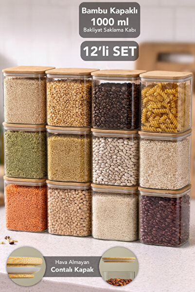 Meleni Home 12-Piece 1 Liter Aura Square Storage Container with Bamboo Lid - Vacuum Sealed Air-Tight Grain Food Container