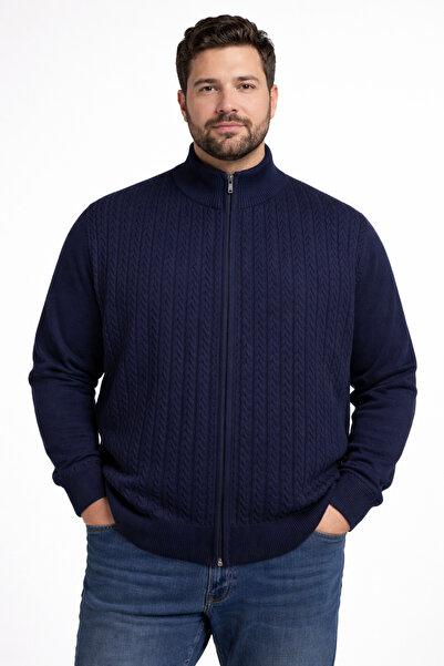 Tony Montana Mock Neck Knitted Patterned Zippered Large Size Men's Cardigan