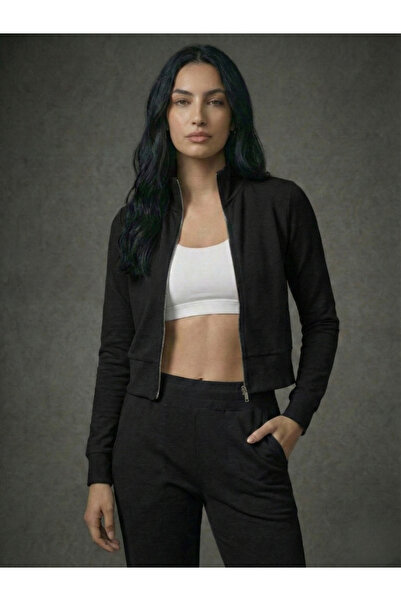 MODA FINE Women's Black Zippered Mock Neck Sports Jacket