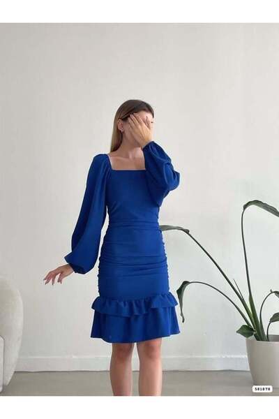 Modafeminen فستان بياقة مربعة وأكمام طويلة وتفاصيل مطوية 581878 أزرق بلون الك...